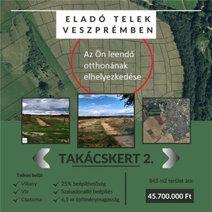 Új parcellázású, 845 m2-es, összközműves építési telek Veszprém Takácskert II-ben